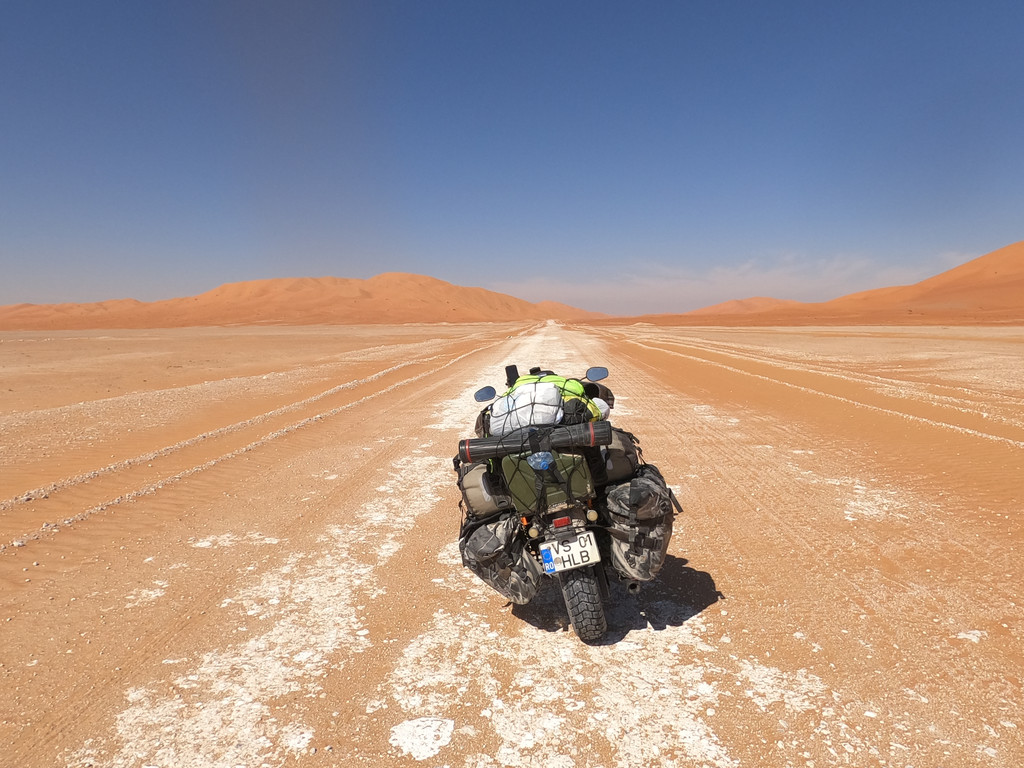 In Oman through 500 km of the Rub’ al Khali or “Empty Quarter” desert, the largest unbroken sand desert in the world 